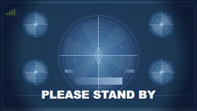 Blue screen overlay for broadcast signals with calibration grid, text please stand by. Perfect for tv stations, streaming platforms, and live events.