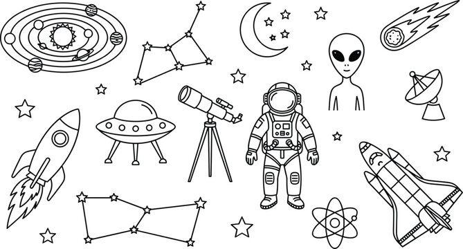 Outer space doodle set including cute astronaut rocket ship alien telescope stars solar system and satellite dish vector