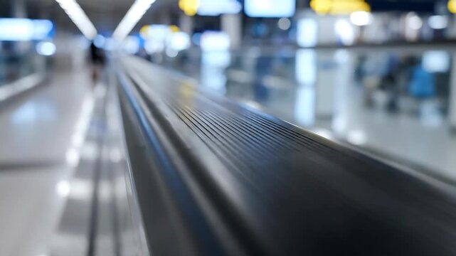 Airport Conveyor Belts Moving with Blurred Passengers and Overhead Lighting, Creating a Seamless Looping Travel Footage.