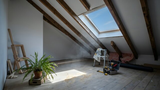 Bright Attic Space with Skylight, Construction Tools, and Wood Flooring