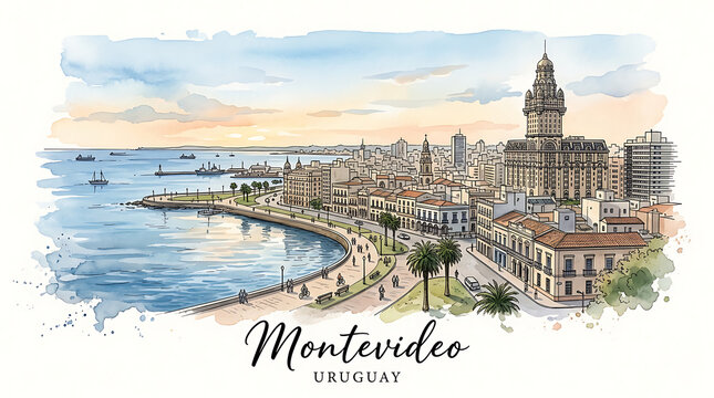 Vibrant watercolor depiction of Montevideo Uruguay's historic waterfront with iconic cityscape and lively promenade