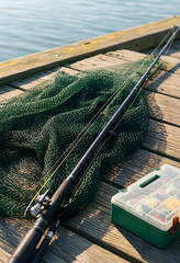 Fototapeta premium Recreation and leisure, fishing rod with landing net and tackle box on wooden pier at lake for outdoor hobby and sport activity in summer morning light