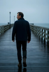 Fototapeta premium Loneliness and mental health, mature man walking alone on a wooden pier during a rainy day with feelings of isolation and reflection in nature