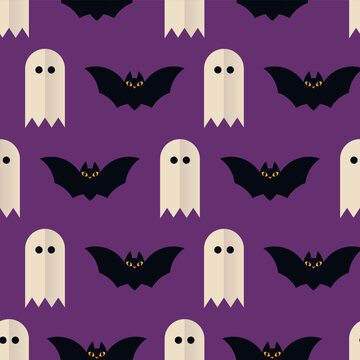 Halloween Ghosts and Black Bats Seamless Vector Pattern