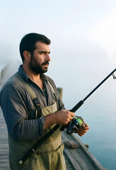 Fototapeta premium Solitude and mindfulness, bearded fisherman holding a rod on a foggy pier at dawn for outdoor recreation and sustainable living in nature