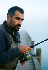 Fototapeta premium Solitude and mindfulness middle aged man fishing on a wooden pier in morning fog patience and hobby lifestyle outdoor recreation and calm nature