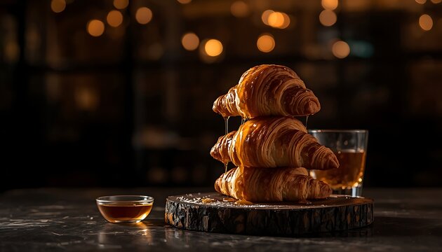 Stack of golden buttery croissants drenched in honey on rustic wooden board with small bowl of nectar for luxury breakfast or gourmet cafe menu advertisement.