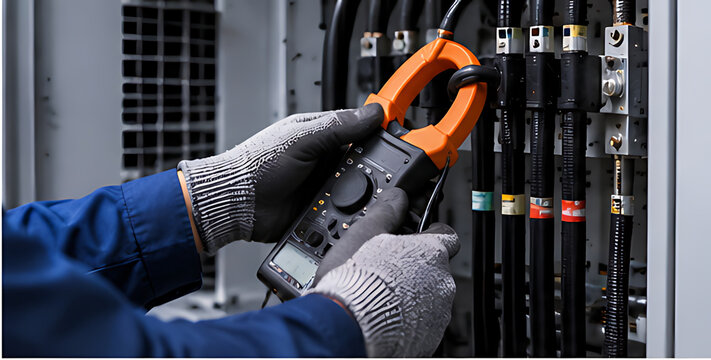 Technician measuring electrical load in data center power system
