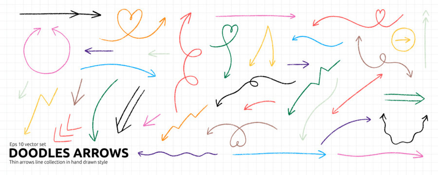 Colorful Funky Pen Crayon Line Arrow Set in Scrapbook Bg. Color Thin Handdrawn Brush Line Arrows Kit. Twirl Thin Stroke Pen Arrow Collection. Sketchy Doodle Vector Illustration