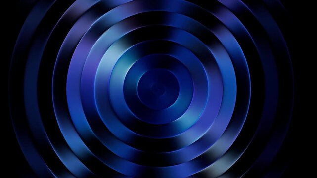 3D Glass gradient Concentric Rings Ripple Seamless Loop Video, Abstract Futuristic Fluted Disc Wave Motion Graphics, Glowing Blue Cobalt Light Refraction &ndash; Concentric ribbed glass rings