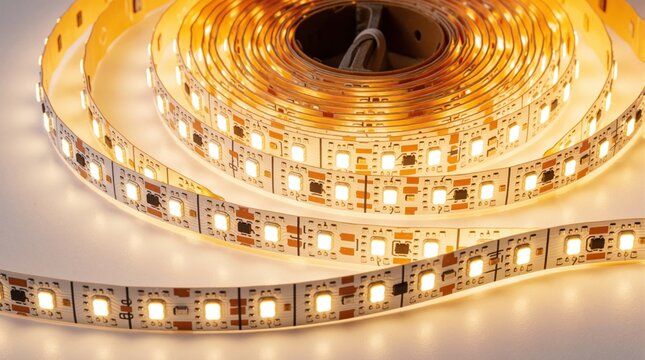 Close up of coiled led strip light roll. Flexible diode tape glowing with warm white light in dark interior. Modern electronic component for home decor smart lighting projects. Bright energy