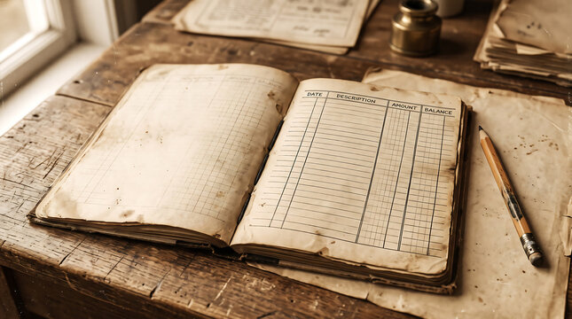 Open vintage ledger book with lined accounting columns on a rustic wooden desk, accompanied by a wooden pencil and aged paper documents