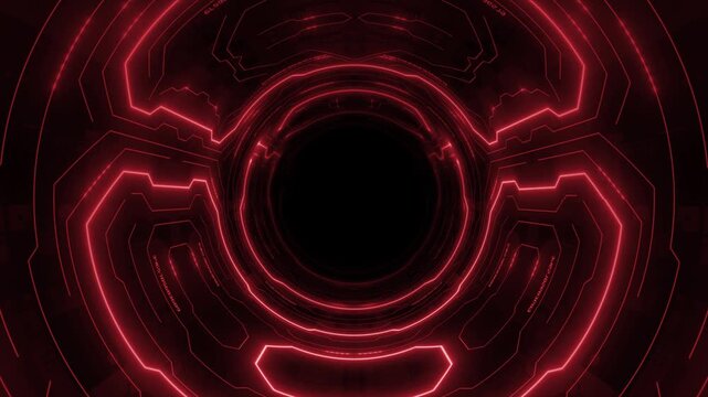 Animated red color glowing hi tech sci-fi 3d tunnel seamless design black technology background  
