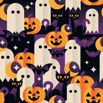Halloween Seamless Vector Pattern with Ghosts Black Cats Pumpkins and Bats