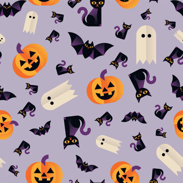 Cute Halloween Cats Pumpkins Ghosts and Bats Seamless Vector Pattern