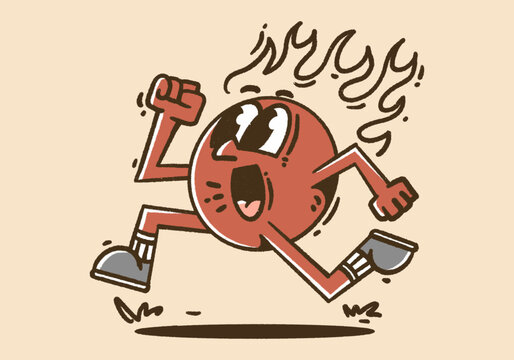 Energetic vintage red ball character running fast with fire flames on top