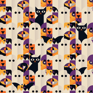 Geometric Halloween Ghosts and Black Cats Seamless Vector Pattern