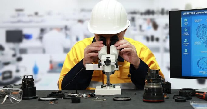 Technician in yellow safety jacket and hard hat inspects a small part with a microscope in a modern electronics workshop, surrounded by tools and camera lenses.