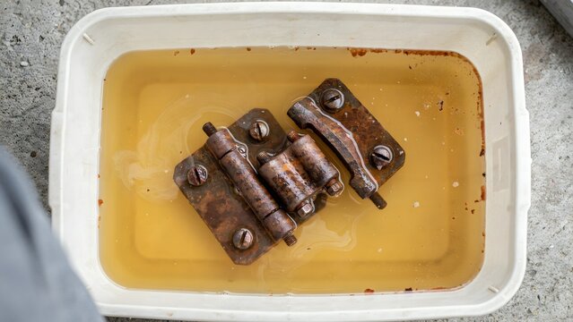 Rusty industrial hinges submerged in stagnant yellowish water in a white container