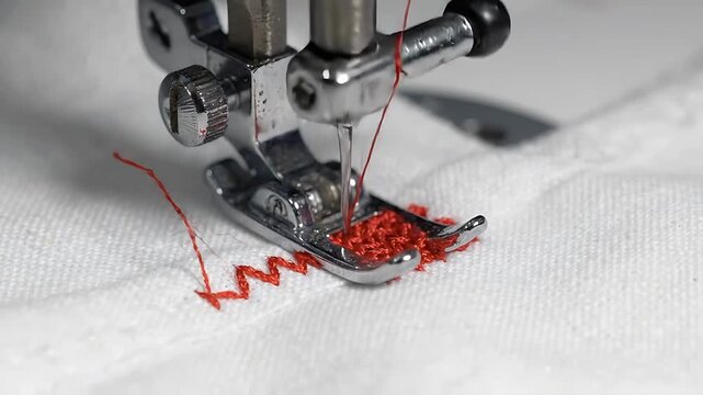 Sewing Machine Needle Moving Through White Fabric with Red Thread, Creating a Straight Stitch Line. Textile Manufacturing Process Footage.