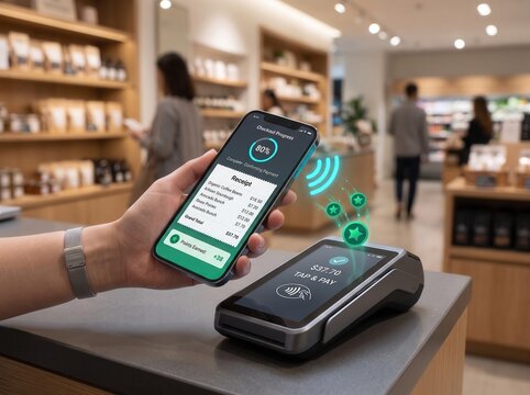 Customer paying with smartphone at point of sale terminal in store