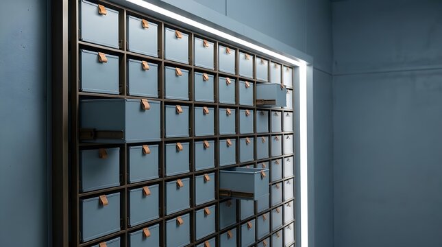 Organized inventory bins grid on industrial shelving with offset drawers illustrating just in time stock management dusty blue grey background with copy space for web headers