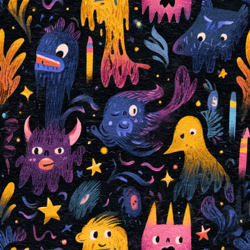 Watercolor seamless pattern featuring numerous cute colorful fantasy monsters on a dark textured paper background, Halloween theme