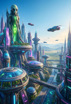 Futuristic alien civilization and advanced extraterrestrial city, sci-fi metropolis with flying vehicles and glowing architecture in a utopian landscape
