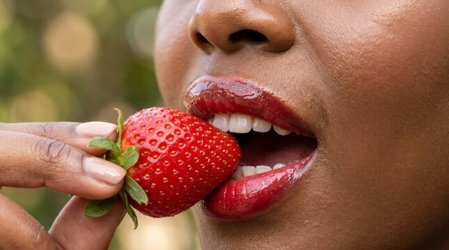 Close-up of a Black woman's mouth with glossy red lips about to bite into a fresh, ripe strawberry held between her fingers, concept of healthy eating and sensuality