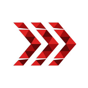 Three red geometric chevron shapes made of triangles