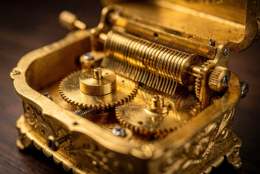 Close-up of Vintage Golden Music Box Mechanism