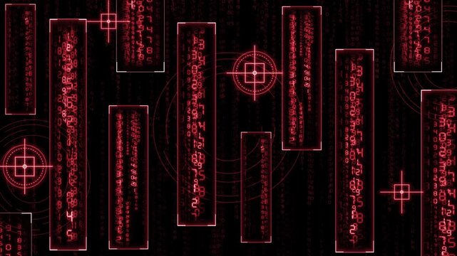 Animated red color hi-tech digital rain with HUD elements and geometrical designs hi tech black  technology background
