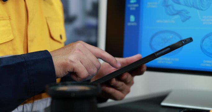 Close-up of a worker in a yellow safety jacket using a tablet beside a monitor with technical drawings, digital inspection and industrial planning.