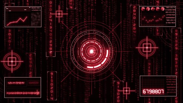 Animated red color digital rain with AI data analytics dashboard  hi tech black  technology background