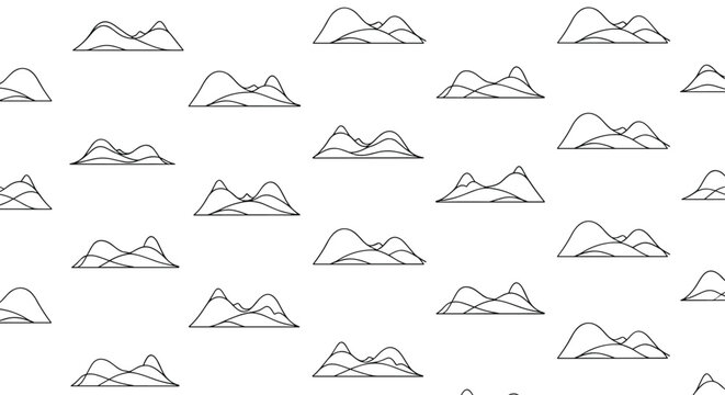 Minimalist seamless pattern of abstract hand drawn mountain hills outlined in black ink on a plain white background.