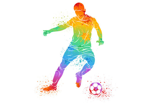Dynamic silhouette of a soccer player dribbling the match ball with vibrant colorful paint splash on white ground