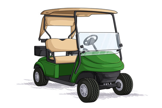 Green motorized electric golf cart with beige canopy roof and clear windshield parked on course grass isolated on white.