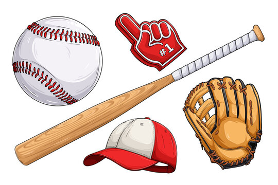 Red and white baseball equipment set featuring a leather glove, wooden bat, stitched ball, cap, and fan foam finger.