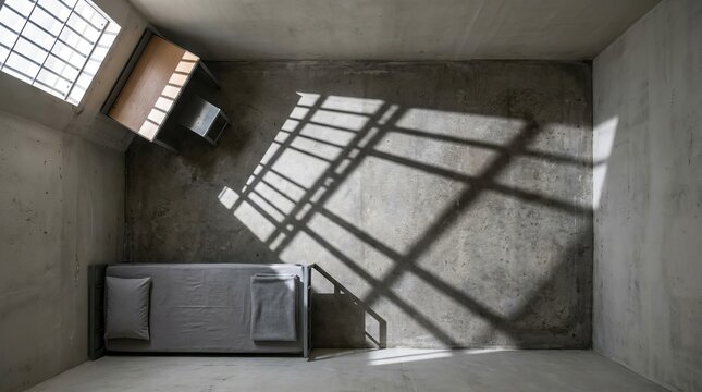 High angle view of an empty prison cell featuring a concrete floor small bed and barred window casting dramatic shadows
