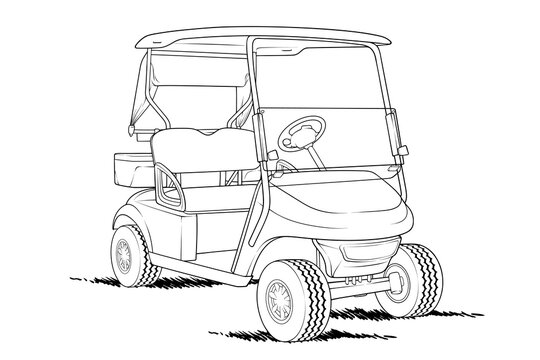 Clean outline drawing of an electric motorized golf cart buggy with roof and wheels parked on grass isolated on white.