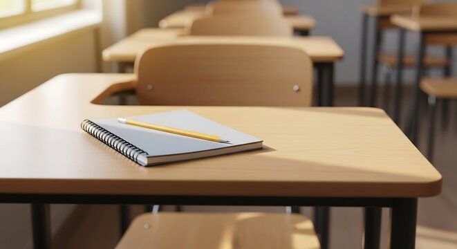 Empty wooden classroom desk with a single notebook and pencil illuminated by soft natural morning window light