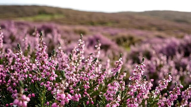Heather Field Gently Swaying in the Breeze, Showcasing Vibrant Purple Blooms and a Tranquil, Natural Landscape. Slow Motion Footage.