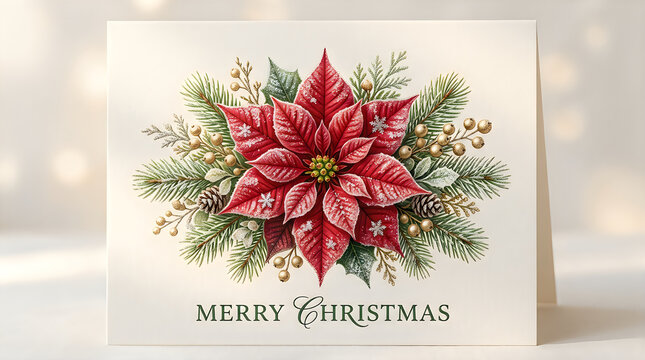 Festive poinsettia christmas card with watercolor floral design