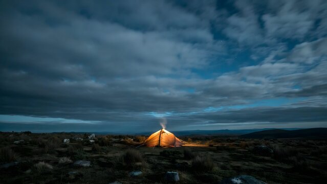 Illuminated Tip of Tent in Remote Desert under Dramatic Sky during Night