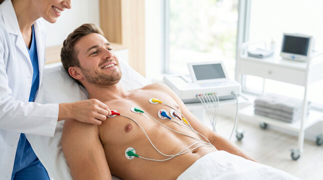 Male patient receiving ECG electrode placement by female doctor  