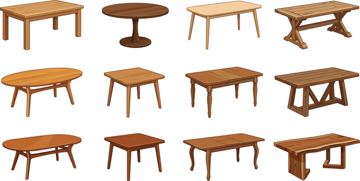 Rustic Wooden Table Collection with Rectangular, Round and Farmhouse Dining Furniture Isolated on White Background
