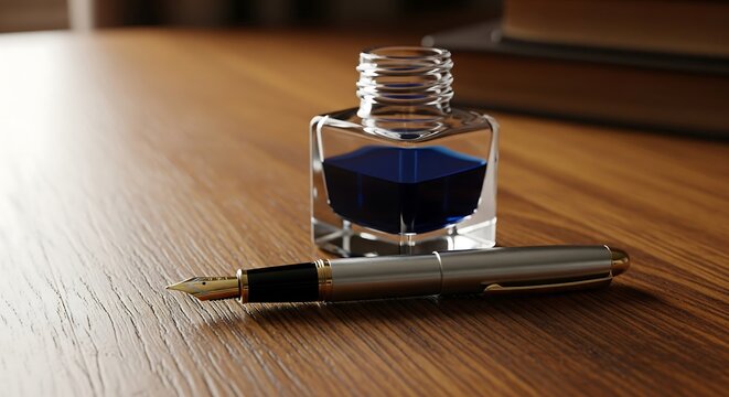 Fountain pen and glass inkwell with deep blue ink on rustic wooden desk with warm soft lighting