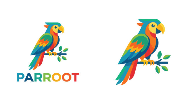 Colorful parrot illustrations perch on branches against a white background