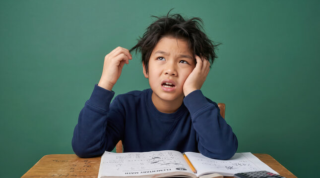 Confused schoolboy scratching head over math homework.