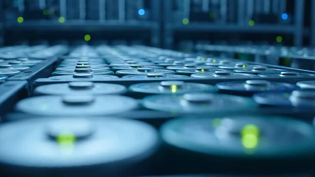 Rotating Hard Drives Looping with Blue Led Lights, Showcasing Data Storage and Server Technology in a Seamless Motion Graphics Clip.